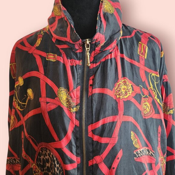 Vintage EVR 90s Silk Bomber Jacket with Baroque Chain Print retro size XL - Picture 3 of 6